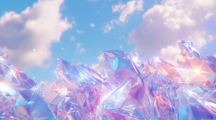 Dynamic crystalline formations scatter under a serene sky with soft, fluffy clouds, capturing a sense of wonder and the beauty of nature in its raw, artistic form.