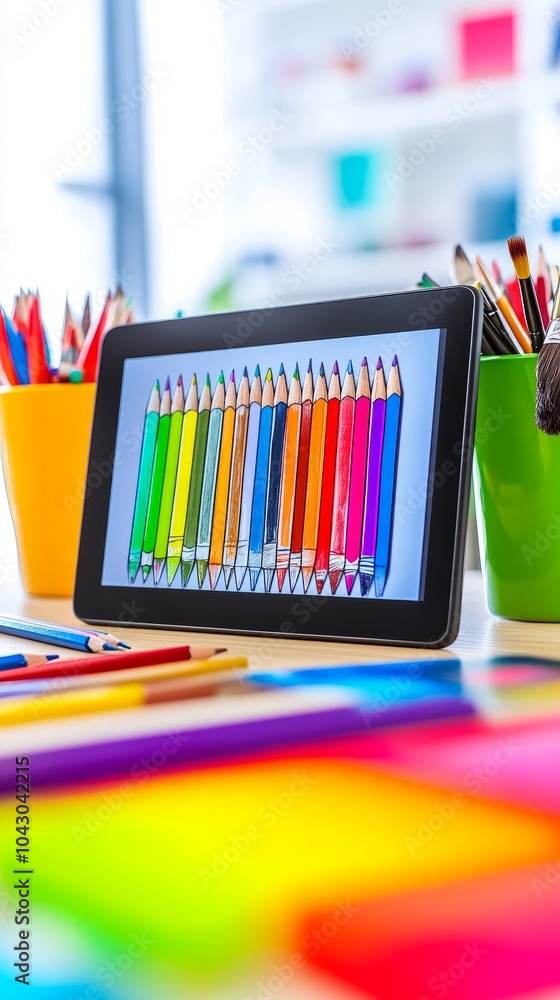 Poster a tablet displaying a row of colored pencils on a desk with other pencils in the background.