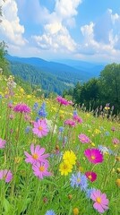 Obraz premium A vibrant field of wildflowers blooms in the foreground of a mountain range under a clear blue sky.