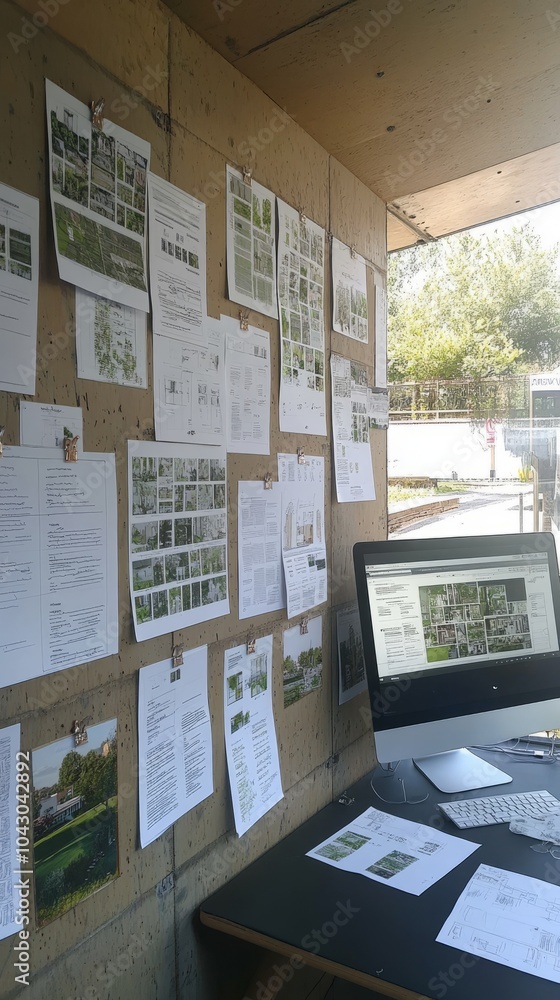Poster a wall covered in design plans and a desk with a computer.