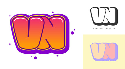 VN logo design for festival or party. Initial letter v and n in graffiti style. Creative modern lettering company name of font typography. Kids trendy logotype or identity.