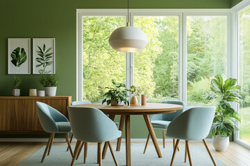 Design an elegant dining room with green walls, mint blue chairs, and a round wooden table.