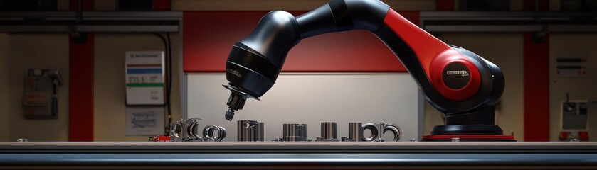A robotic arm with a red and black design is shown in a factory setting. It is holding a metal part and is ready to perform a task.