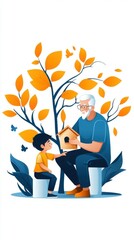 Grandfather and Grandson Building a Birdhouse Together