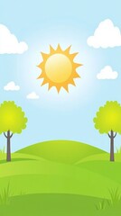 Sunny day with green hills and trees.