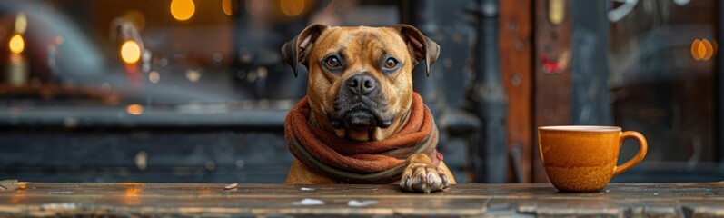 Fototapeta premium Dog sitting at a table with a cup of coffee, animal background, banner, copy space