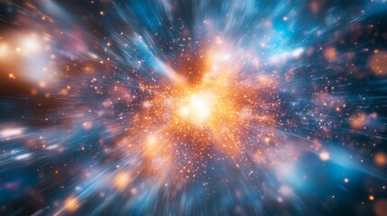 Expansion of particles bursting from the center, representing life, motion, and energy. A blurred explosion backdrop illustrating high-speed movement.