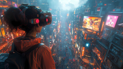 A futuristic cityscape where vibrant, neon-lit 3D skyscrapers blend seamlessly with flat, 2D holographic bare filled with augmented reality interfillboards. 