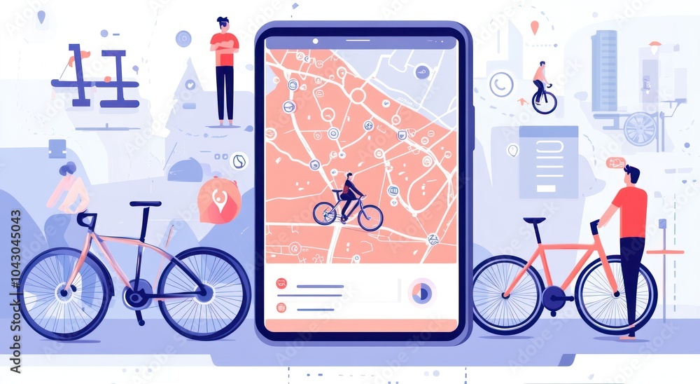 Poster a digital map displaying bike routes with cyclists and bicycles around it.