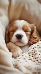 A cute golden retriever puppy sleeping in an electric blanket, in a cozy and comfortable environment