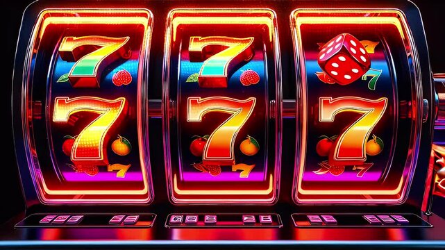 A classic slot machine with three spinning reels showing three lucky sevens and a red dice.
