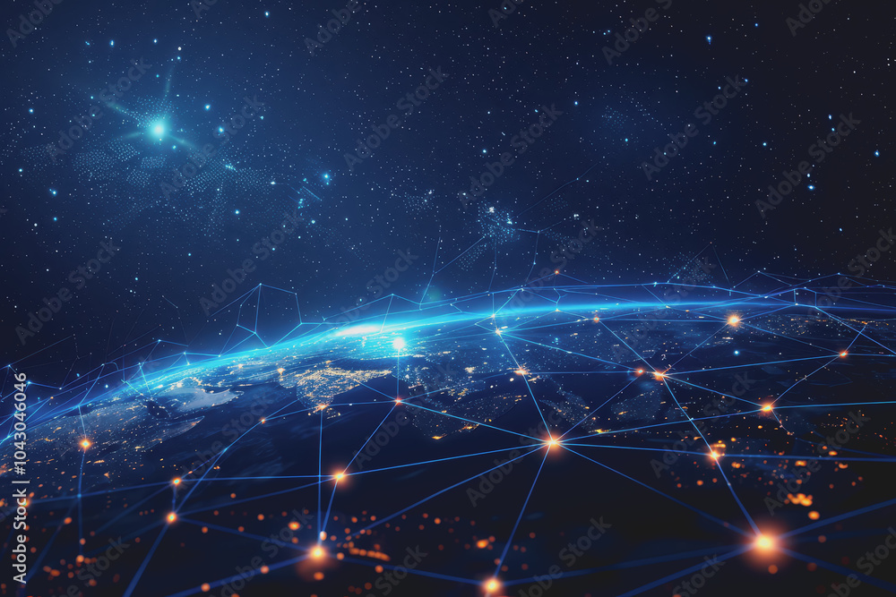 Poster abstract background with blue gradients and glowing planets made up of interconnected dots and lines