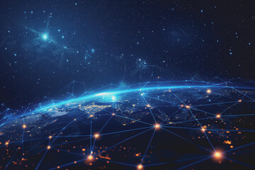 Obraz premium Abstract background with blue gradients and glowing planets made up of interconnected dots and lines