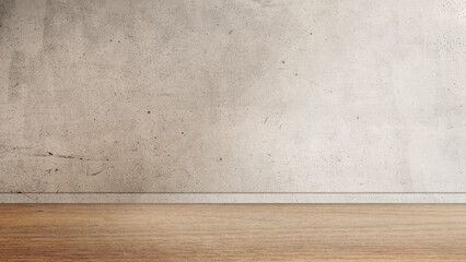 grungy, aged concrete wall with a horizontal line separating it from a warm wooden floor. perfect for minimalist interior. room backdrop for products displayed. empty white room with a wooden floor.