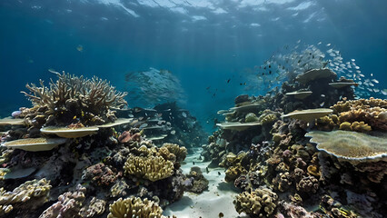 Coral reefs turning white and decaying under murky waters, representing the invisible but deadly impact of ocean acidification on marine life.