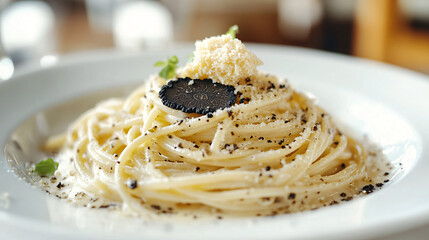 Close-up of Creamy Spaghetti with Black Truffle and Parmesan Cheese