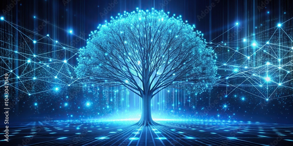 Poster futuristic glowing tree with polygonal style and binary code sprouting