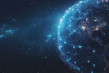 Obraz premium Abstract background with blue gradients and glowing planets made up of interconnected dots and lines