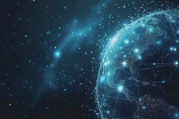 Obraz premium Abstract background with blue gradients and glowing planets made up of interconnected dots and lines