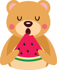 Cute teddy bear eating a slice of watermelon