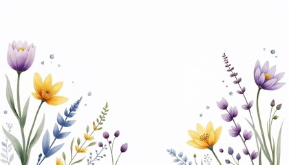 Beautiful floral border illustration with colorful flowers and greenery, blank space for text