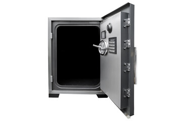 Fototapeta premium Steel safe vault with open door isolated on transparent or white background