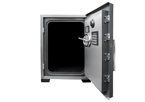 Steel safe vault with open door isolated on transparent or white background
