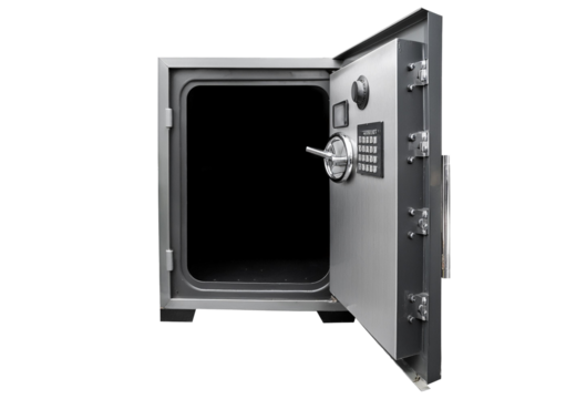 Steel safe vault with open door isolated on transparent or white background
