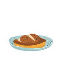 Charming bread roll in a plate with a golden crust, decorated with simple lines and details, vector illustration for children's books and decor