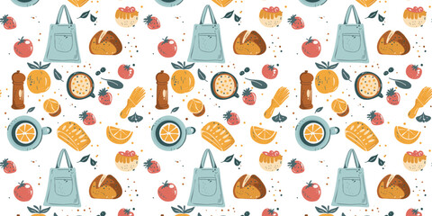 Cute seamless pattern with various kitchen items and food in a playful cartoon style