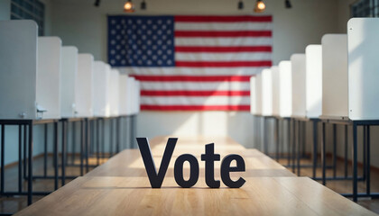 A polling station displays "Vote" in front of voting booths, highlighting civic engagement.


