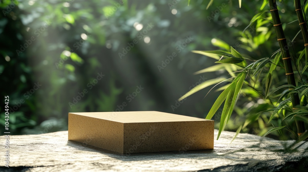 Poster a serene setting featuring a flat stone surface surrounded by lush greenery and soft light.