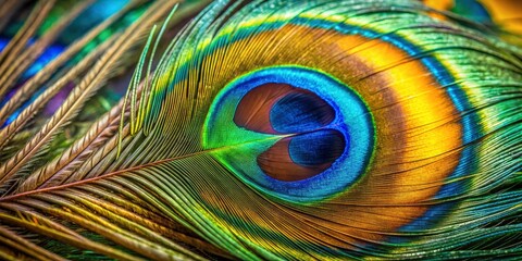 Obraz premium Close-Up of Peacock Feather with Vibrant Colors, Intricate Patterns, and Nature's Beauty - Stunning Macro Photography of Exotic Bird Feathers for Nature Lovers and Art Enthusiasts