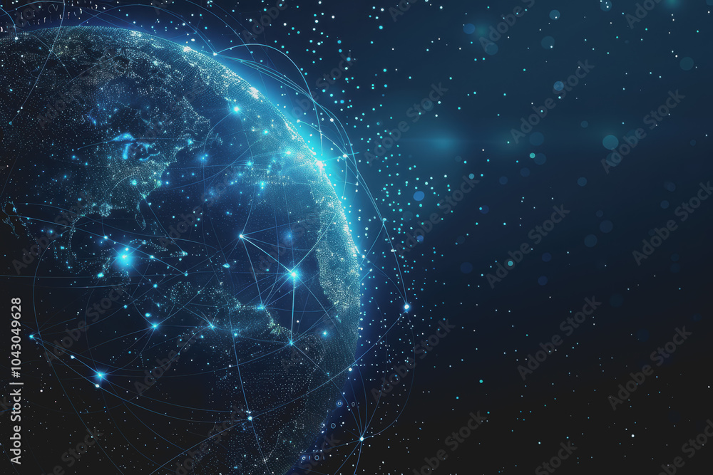 Poster abstract background with blue gradients and glowing planets made up of interconnected dots and lines