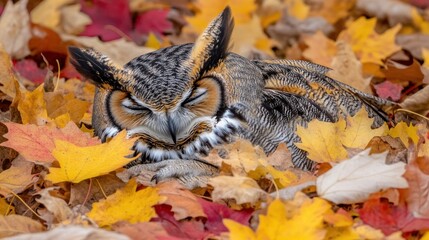 Obraz premium A resting owl camouflaged among colorful autumn leaves.