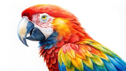 Obraz premium Colorful Parrot Watercolor Illustration of Red, Blue, and Yellow Macaw on White Background - Minimalist Tropical Bird Design for Home Decor and Nature Enthusiasts