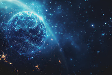 Abstract background with blue gradients and glowing planets made up of interconnected dots and lines