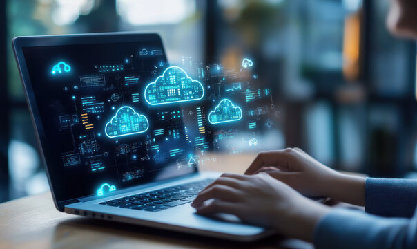 A person is working on his laptop with icons of cloud technologies and data flowing out, indicating integration between open source office software.