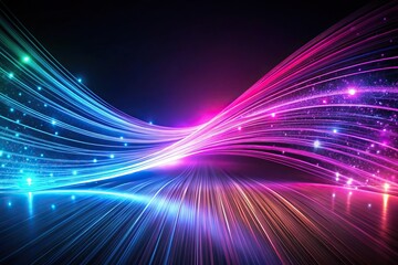 Futuristic optical fiber patterns on dark background with magenta and blue light waves