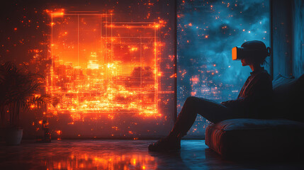 A surreal scene of a person sitting in a modern living room, wearing a VR headset. Around them, glowing 3D virtual objects begin to materialize.