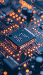 Close up of a microchip on a circuit board symbolizing advanced technology and connectivity