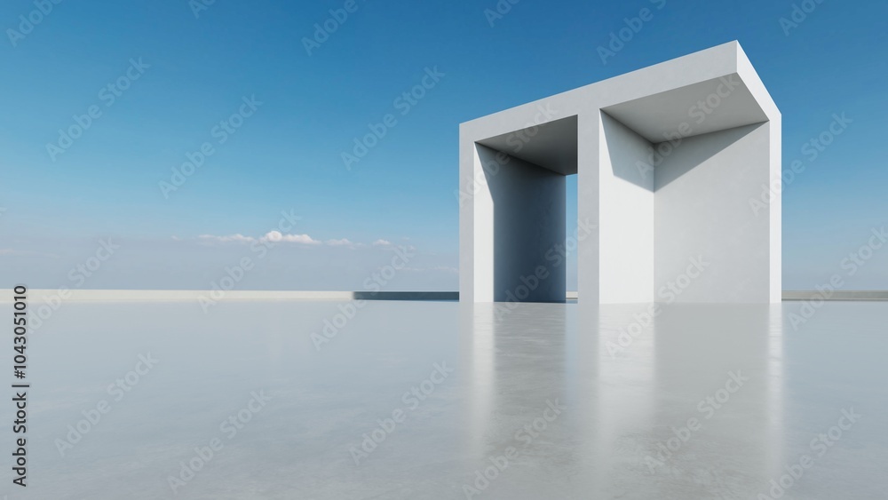 Poster 3d render of abstract modern concrete white architecture with empty cement floor, minimal exterior, car presentation background