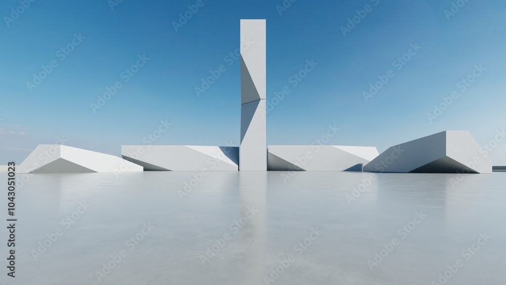Poster 3d render of abstract modern concrete white architecture with empty cement floor, minimal exterior, 