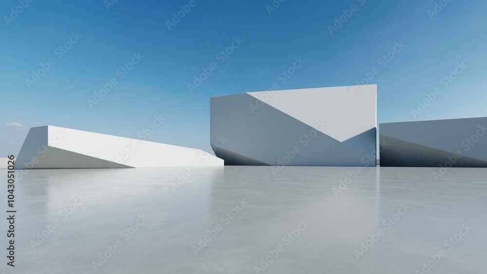 Poster 3d render of abstract modern concrete white architecture with empty cement floor, minimal exterior, 