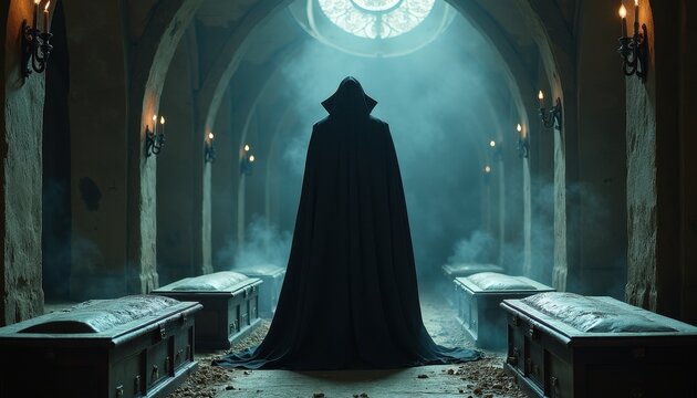 Ancient vampire lord standing in a shadowy crypt surrounded by long-forgotten coffins with a dark aura of power.