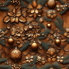 Seamless Christmass background with balls baubles and floral ornament carved in leather victorian...