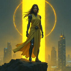 Asian cyborg woman with a stylistic yellow light hologram behind her, cyberpunk night city backdrop, yellow colors, sci-fi character illustration
