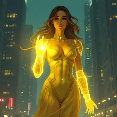 Beautiful woman with luminous arms, futuristic night city backdrop, yellow colors, sci-fi character illustration