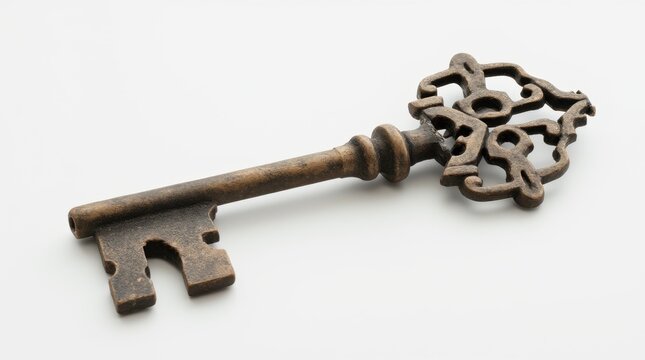 An intricately designed ornate vintage key with a slightly tarnished metallic surface, lying on a white background.