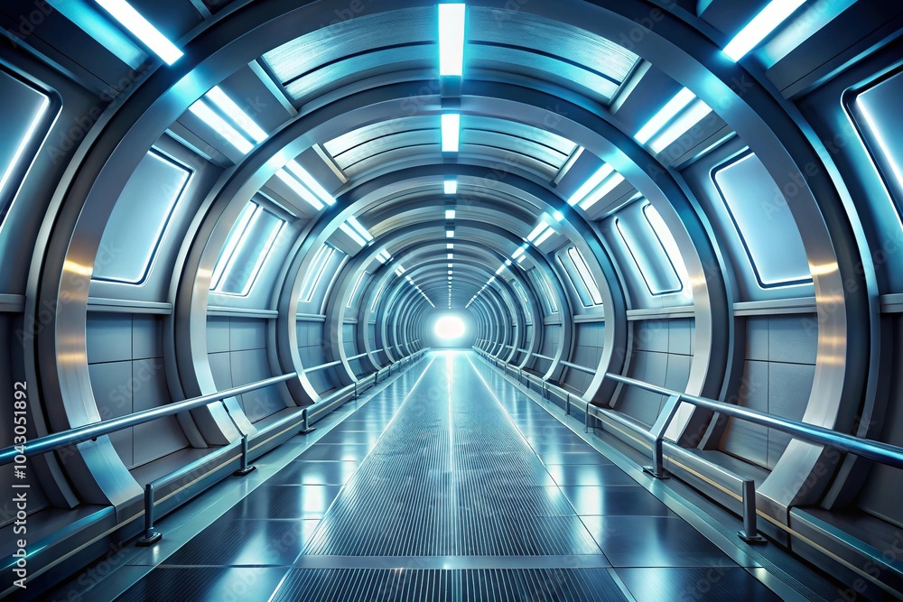 Poster futuristic tunnel with bright light in abstract spaceship corridor at a tilted angle